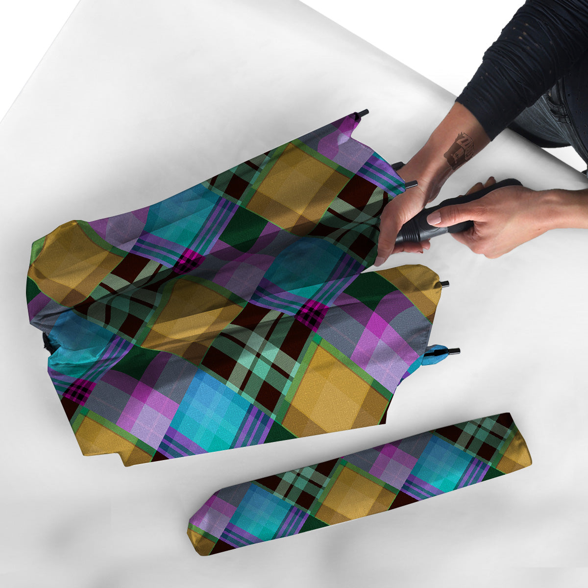 Diagonal Madras Blue Tartan Plaid Print Pattern Umbrella-grizzshop