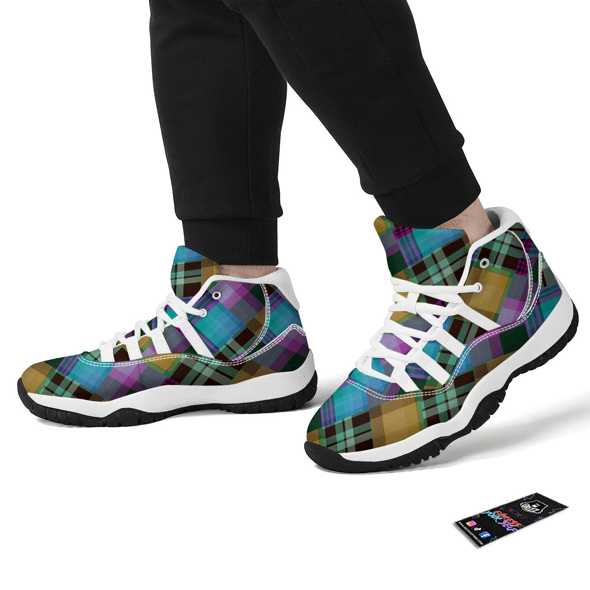 Diagonal Madras Blue Tartan Plaid Print Pattern White Bball Shoes-grizzshop