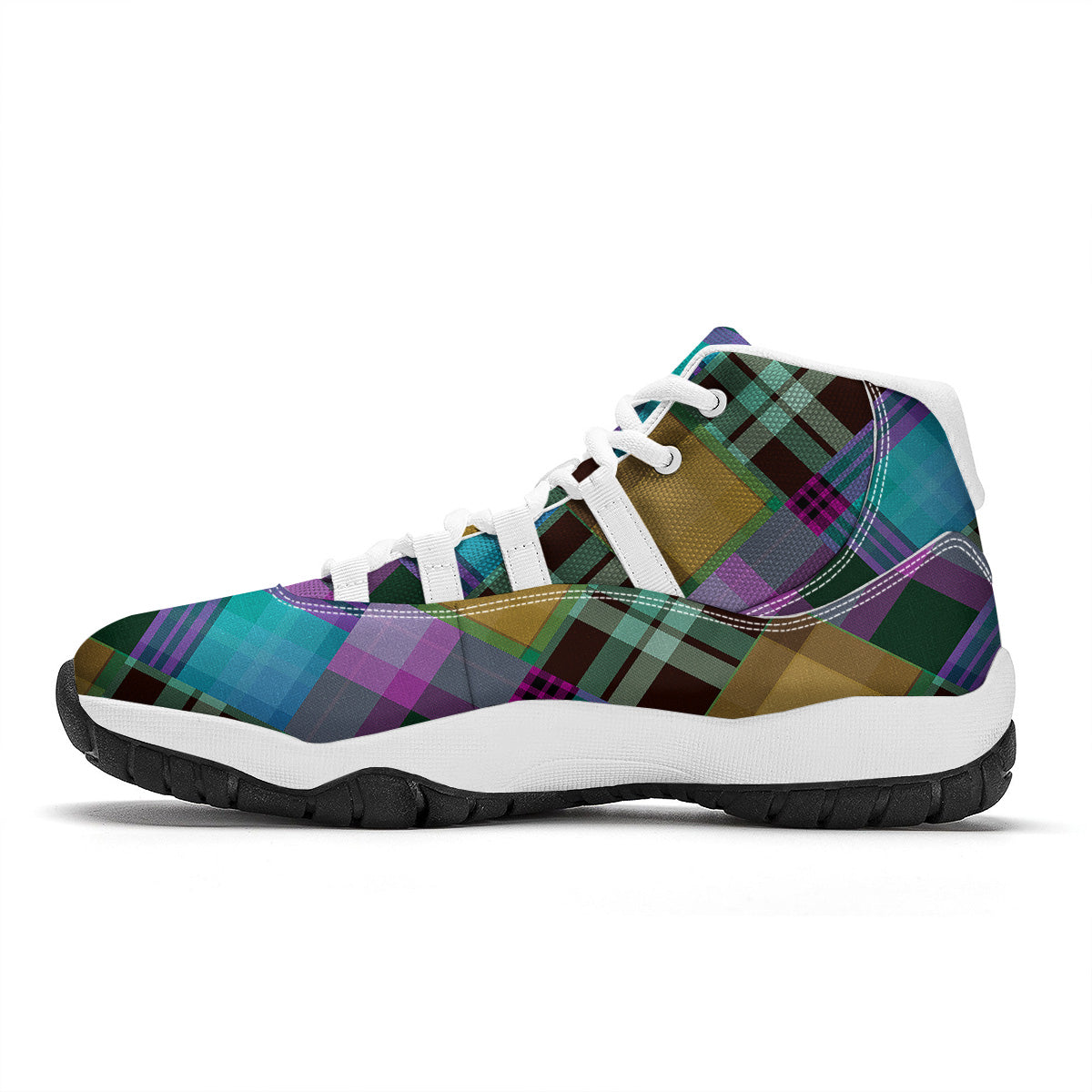 Diagonal Madras Blue Tartan Plaid Print Pattern White Bball Shoes-grizzshop