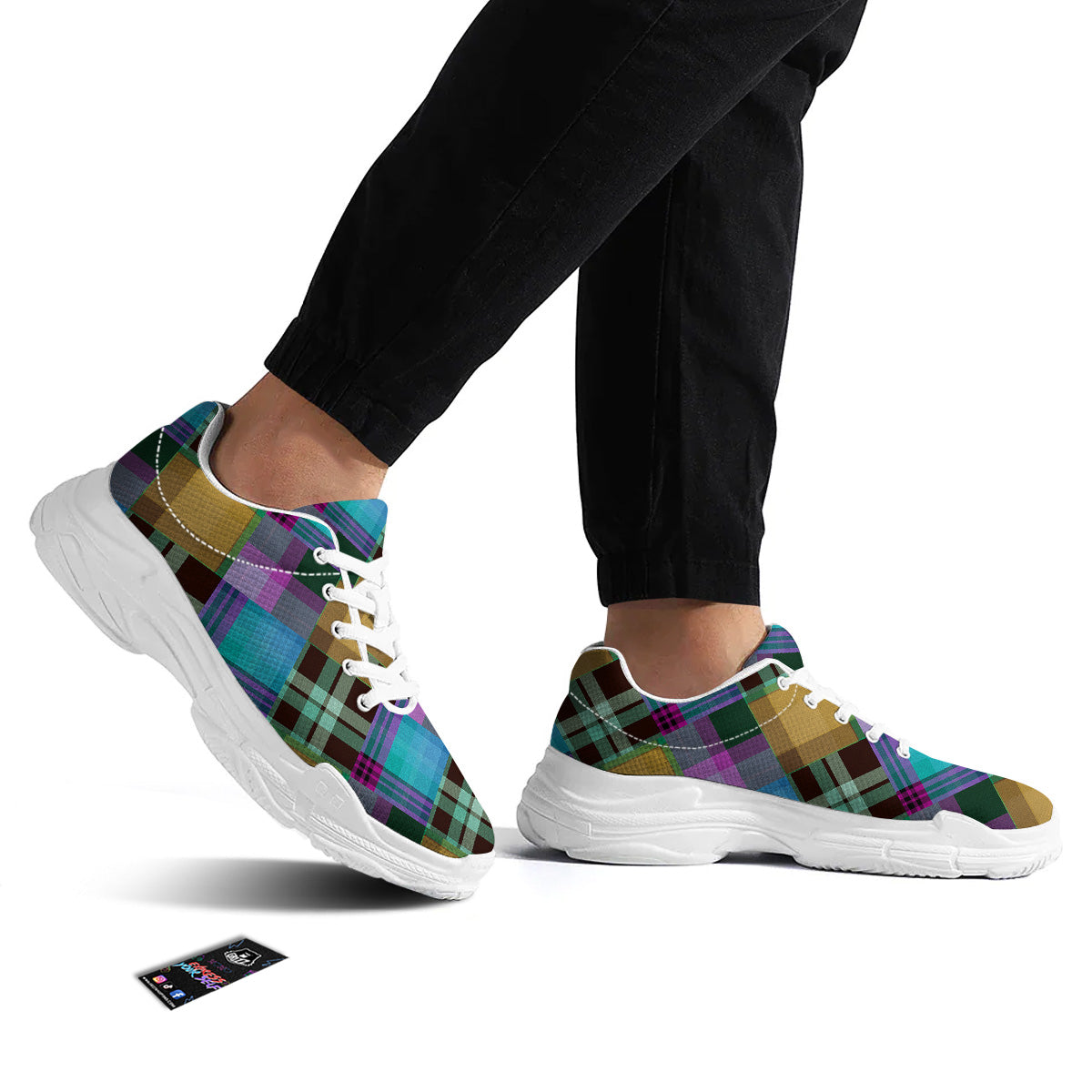 Diagonal Madras Blue Tartan Plaid Print Pattern White Chunky Shoes-grizzshop