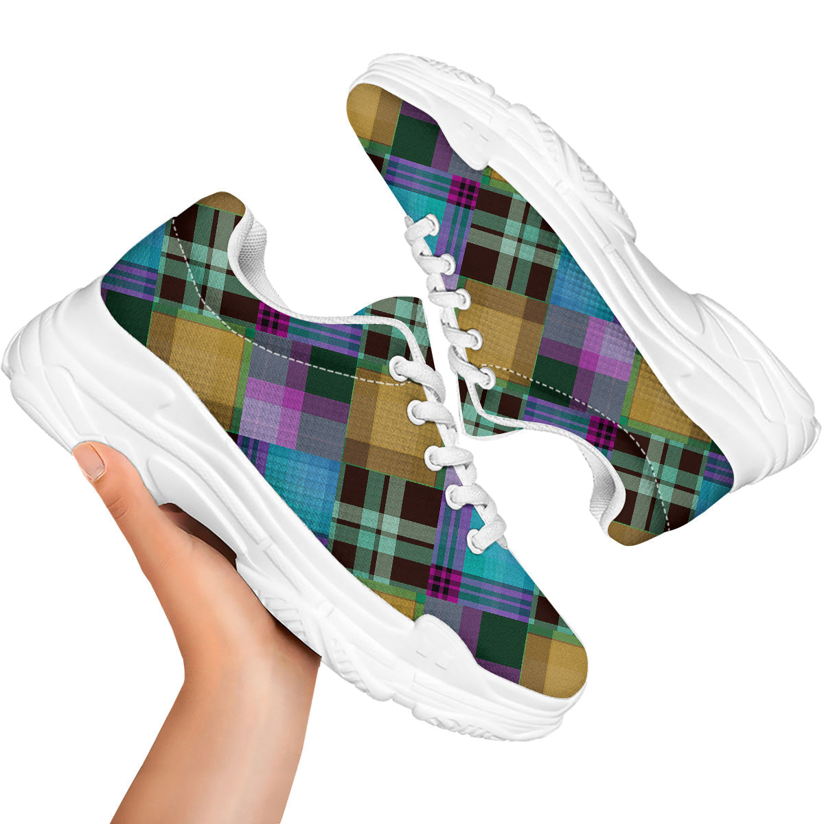 Diagonal Madras Blue Tartan Plaid Print Pattern White Chunky Shoes-grizzshop