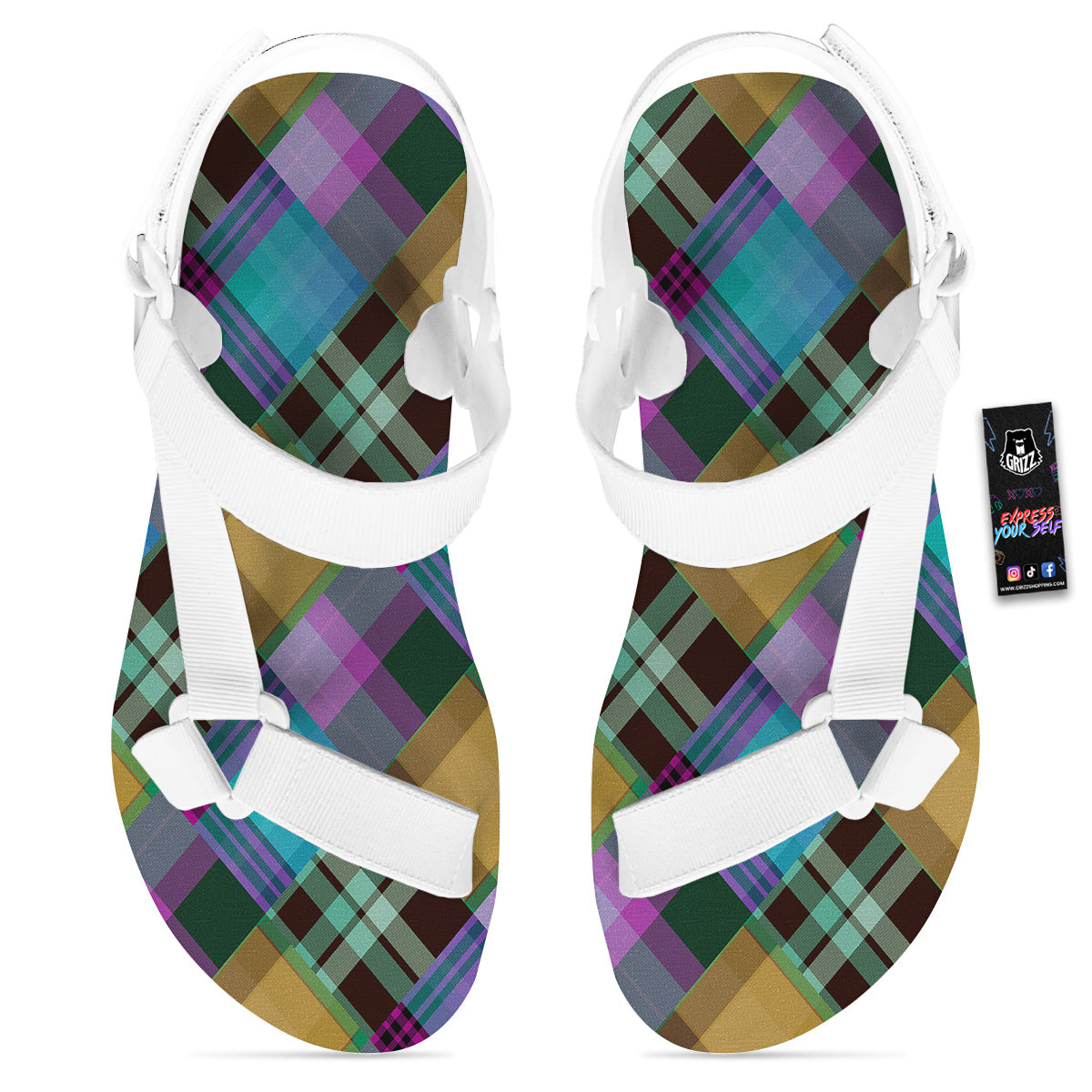 Diagonal Madras Blue Tartan Plaid Print Pattern White Open Toe Sandals-grizzshop