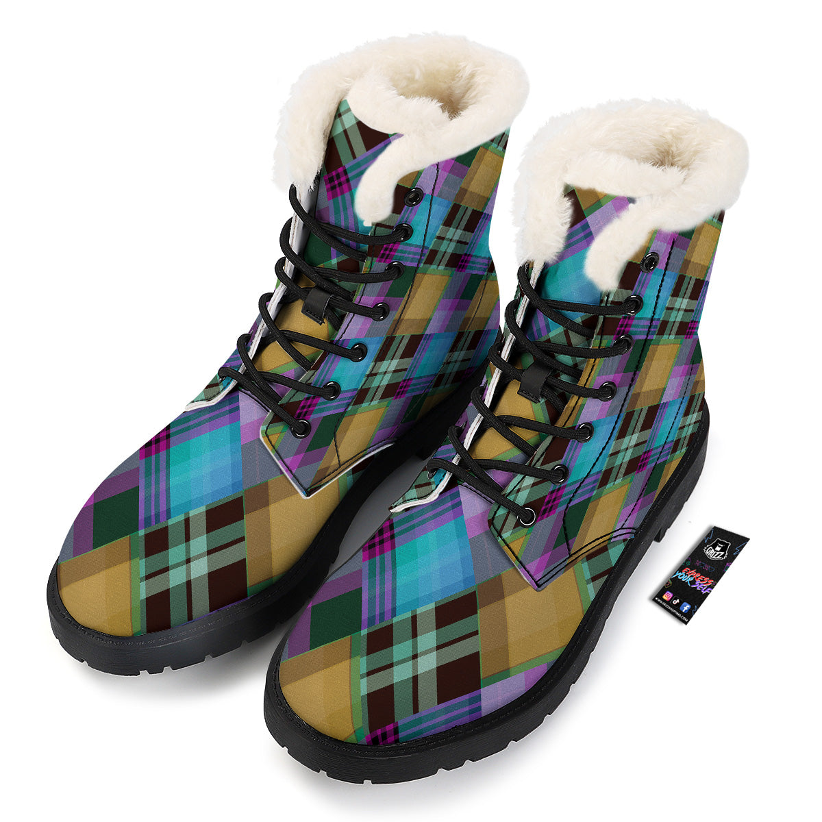 Diagonal Madras Blue Tartan Plaid Print Pattern Winter Boots-grizzshop