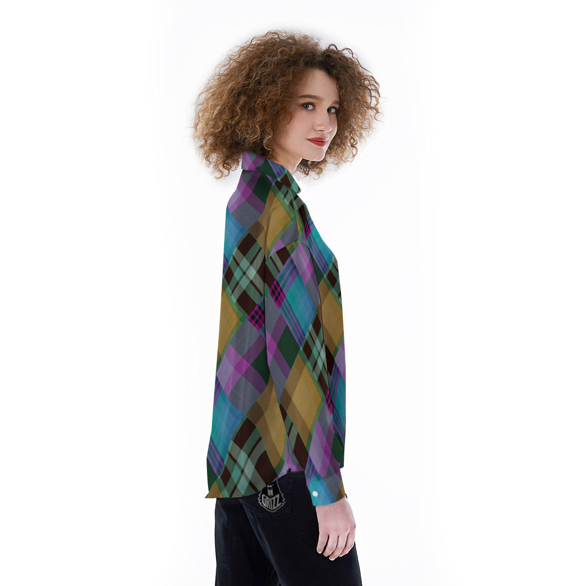 Diagonal Madras Blue Tartan Plaid Print Pattern Women's Long Sleeve Shirts-grizzshop