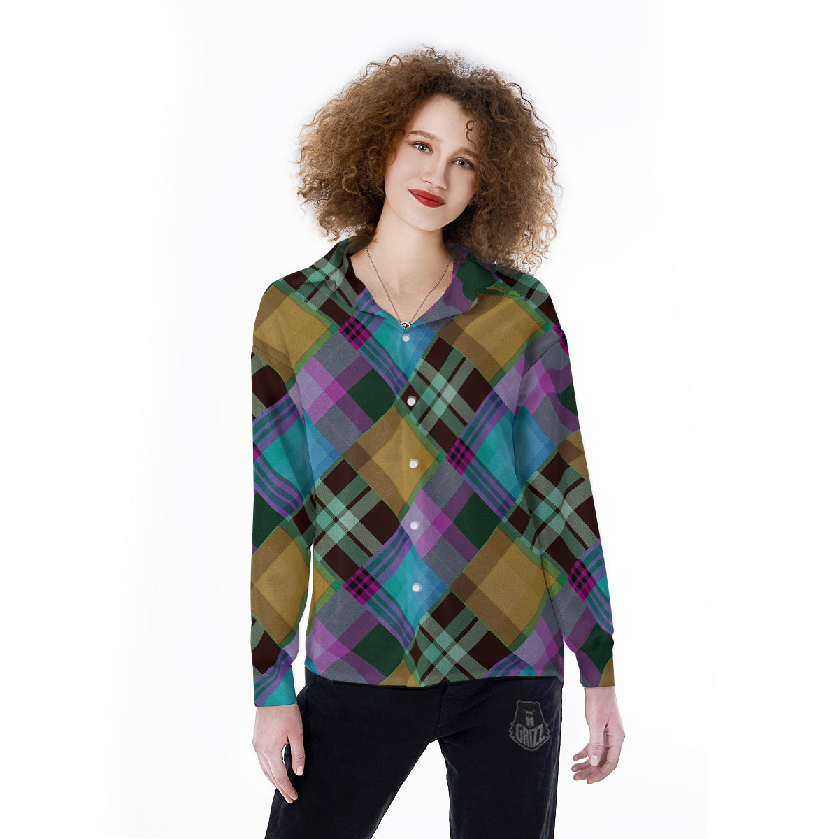 Diagonal Madras Blue Tartan Plaid Print Pattern Women's Long Sleeve Shirts-grizzshop