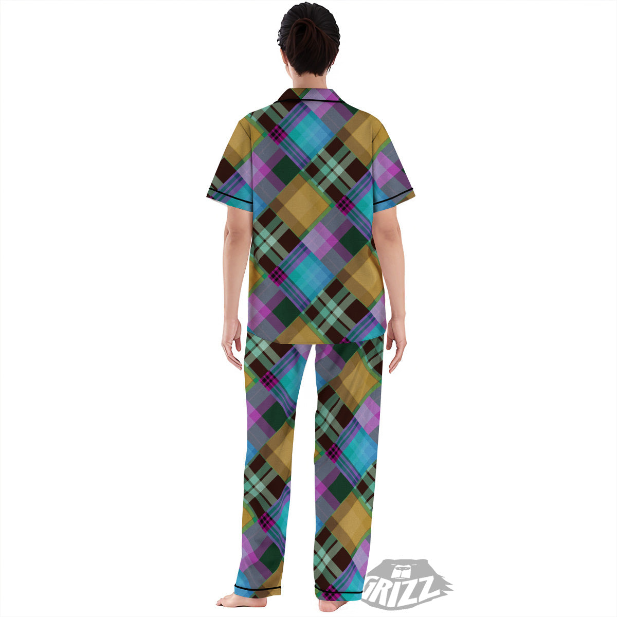 Diagonal Madras Blue Tartan Plaid Print Pattern Women's Pajamas Set-grizzshop