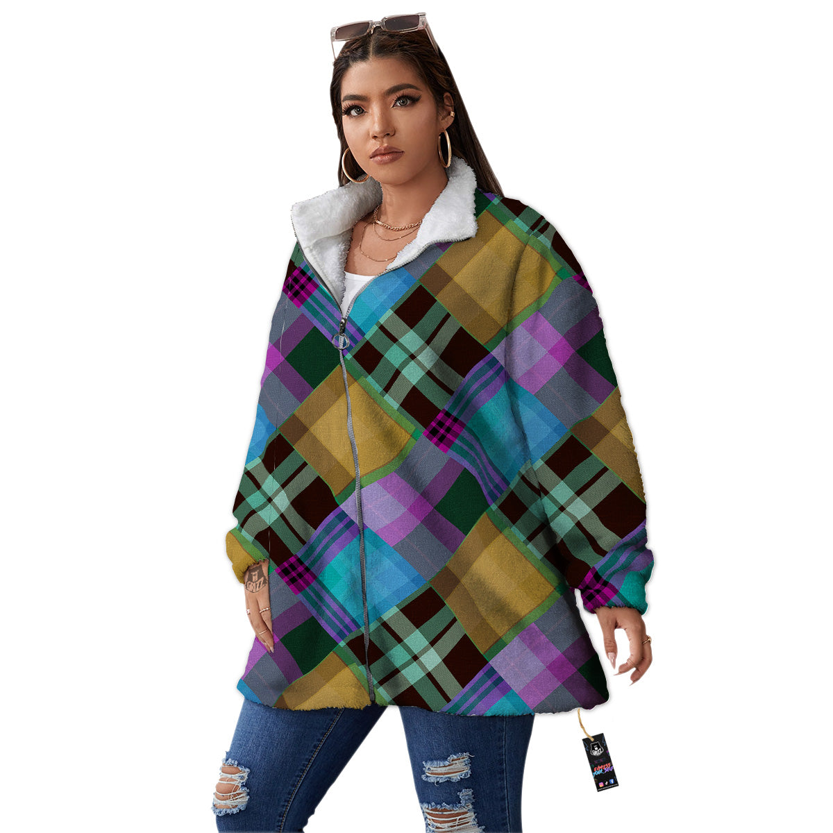 Diagonal Madras Blue Tartan Plaid Print Pattern Women's Sherpa Jacket-grizzshop