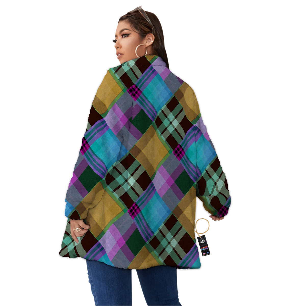 Diagonal Madras Blue Tartan Plaid Print Pattern Women's Sherpa Jacket-grizzshop