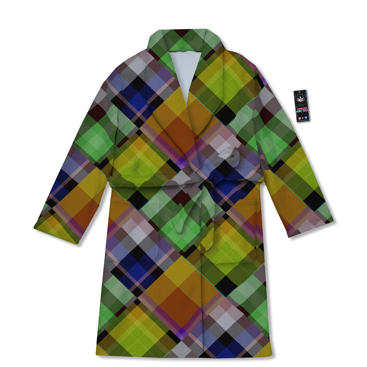 Diagonal Madras Plaid Print Pattern Bathrobe-grizzshop