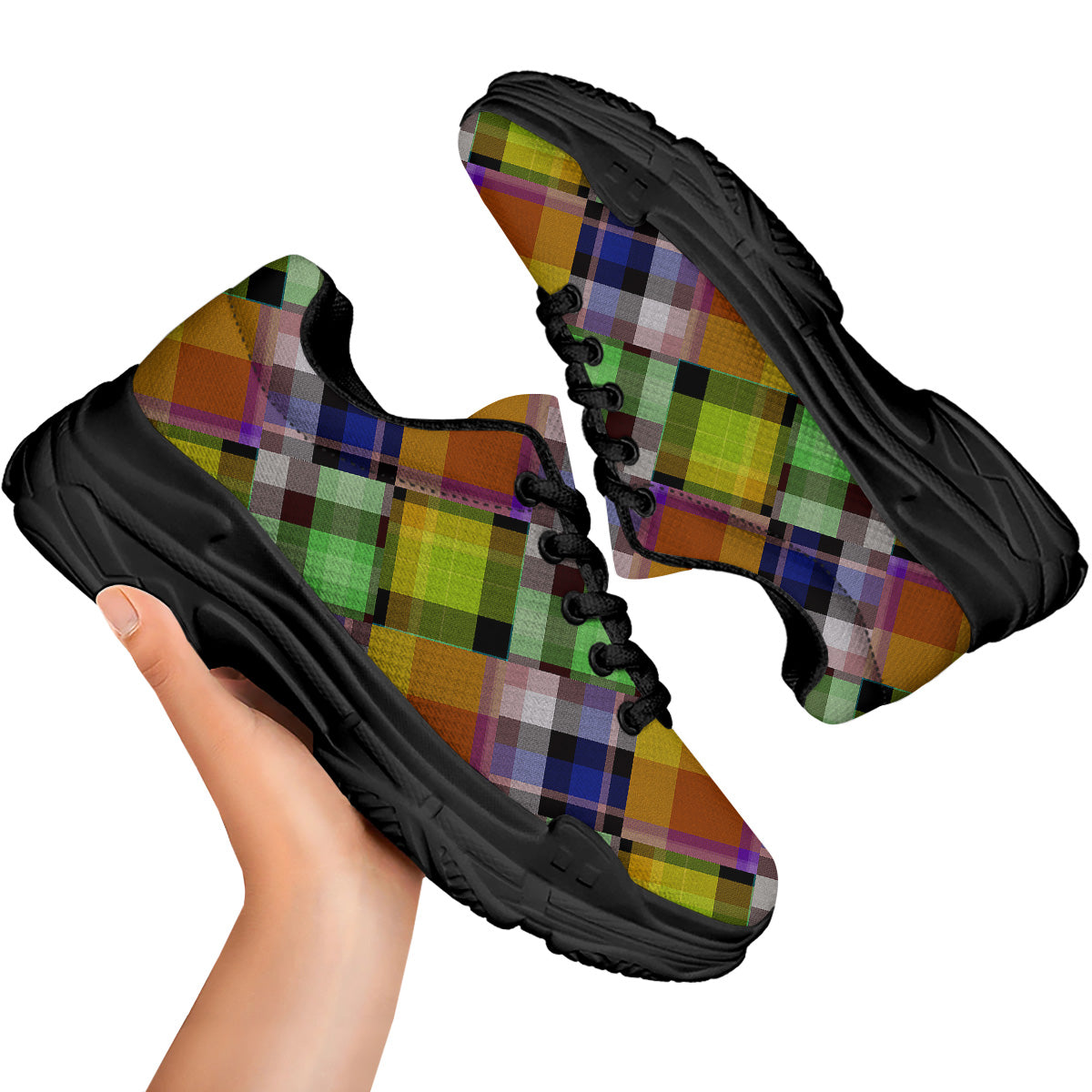 Diagonal Madras Plaid Print Pattern Black Chunky Shoes-grizzshop