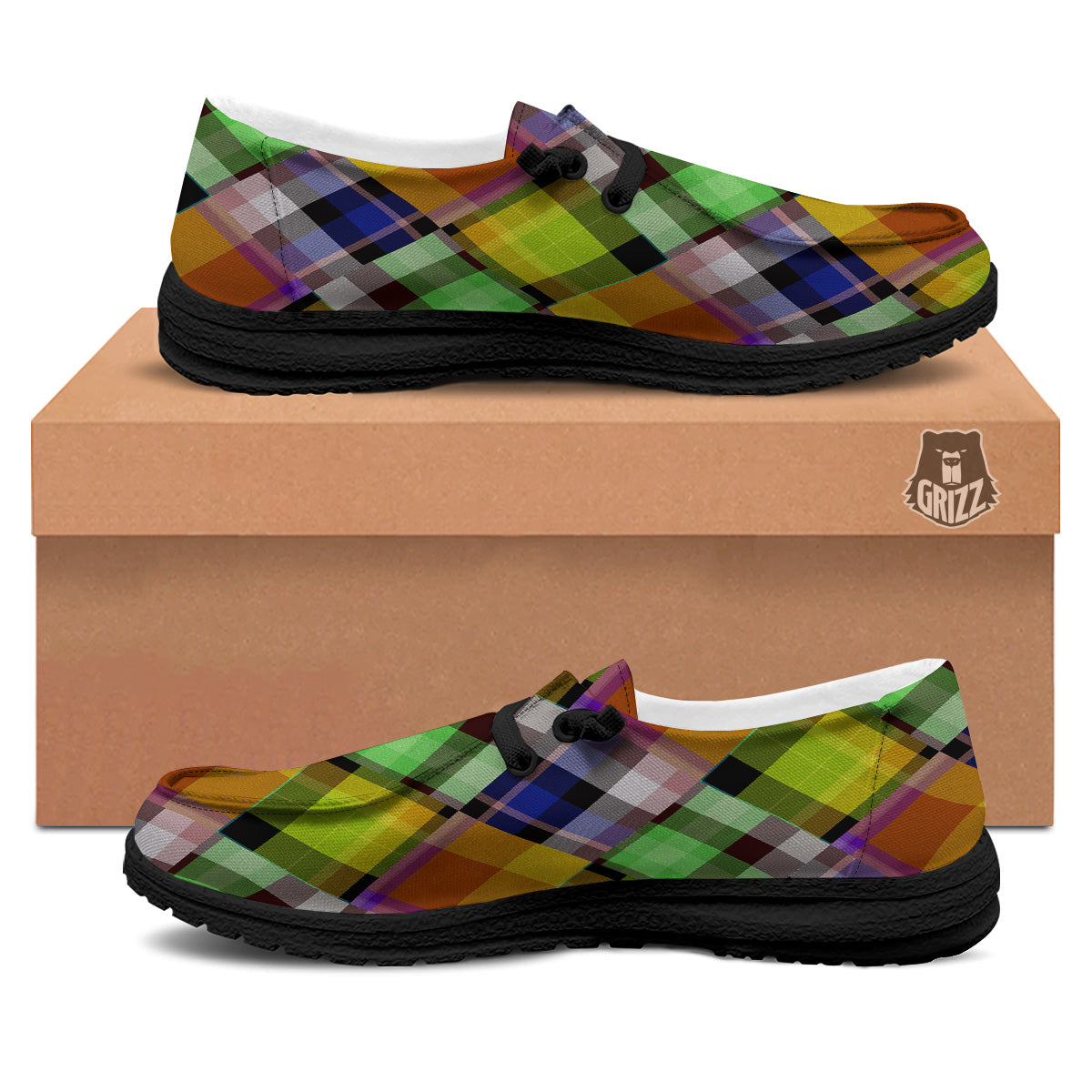 Diagonal Madras Plaid Print Pattern Black Loafers-grizzshop