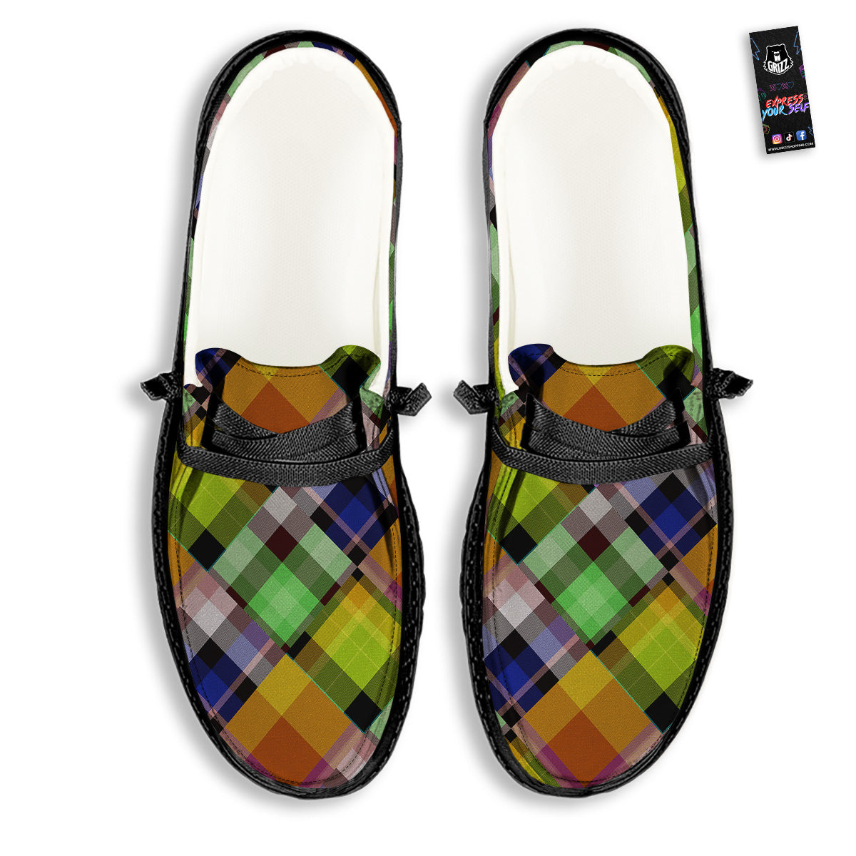 Diagonal Madras Plaid Print Pattern Black Loafers-grizzshop
