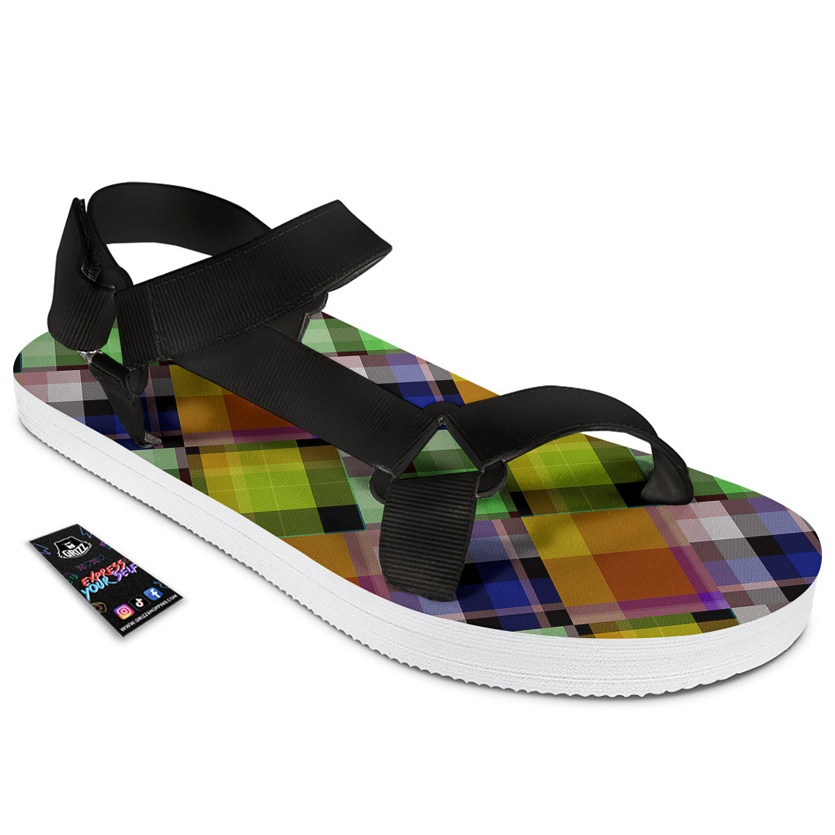 Diagonal Madras Plaid Print Pattern Black Open Toe Sandals-grizzshop