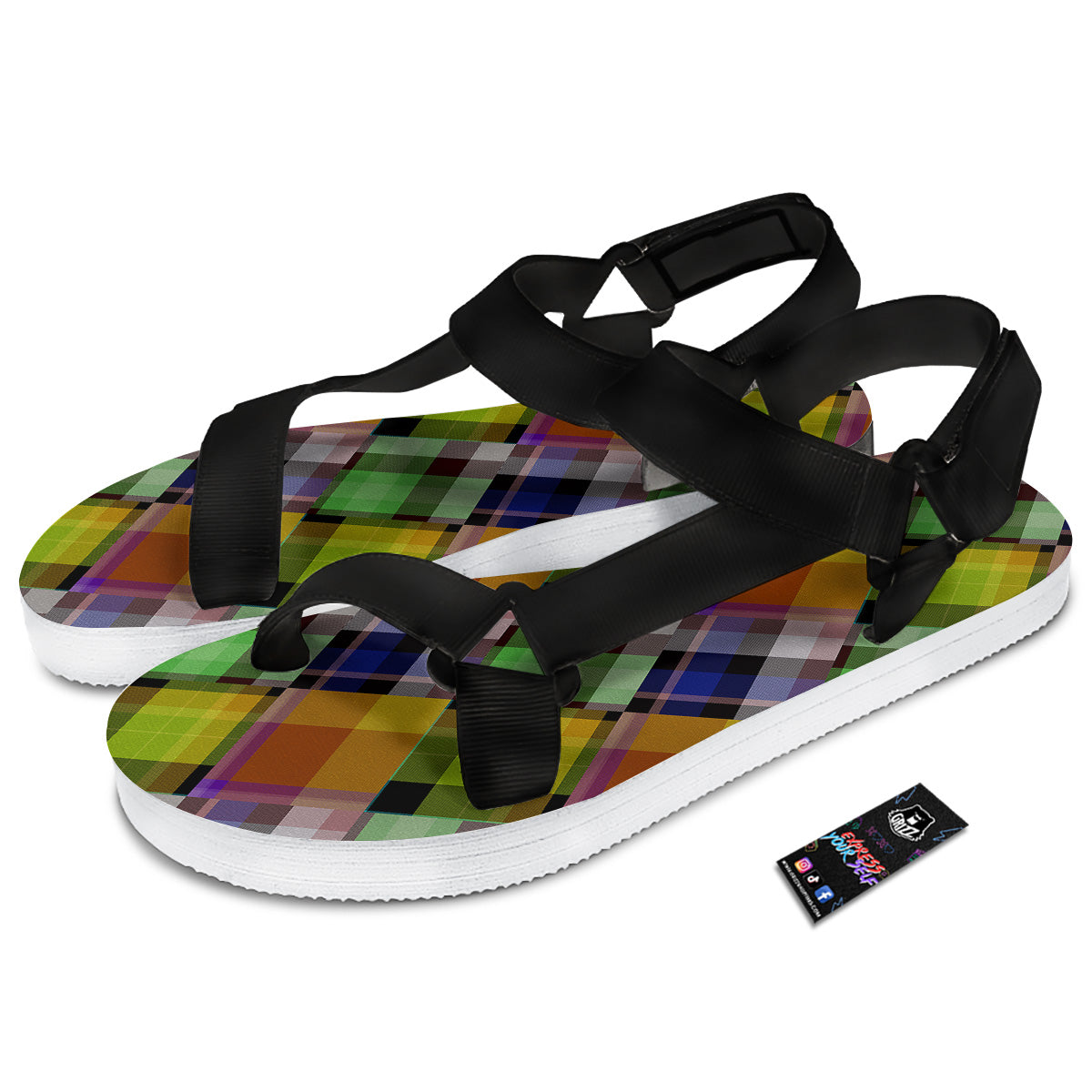 Diagonal Madras Plaid Print Pattern Black Open Toe Sandals-grizzshop