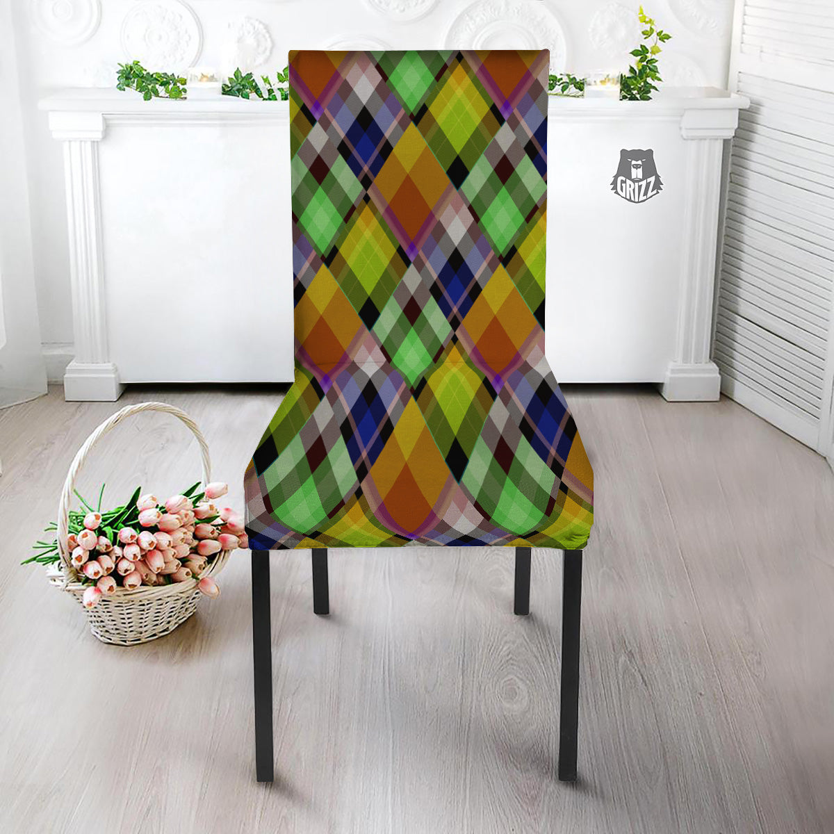 Diagonal Madras Plaid Print Pattern Dining Chair Slipcover-grizzshop