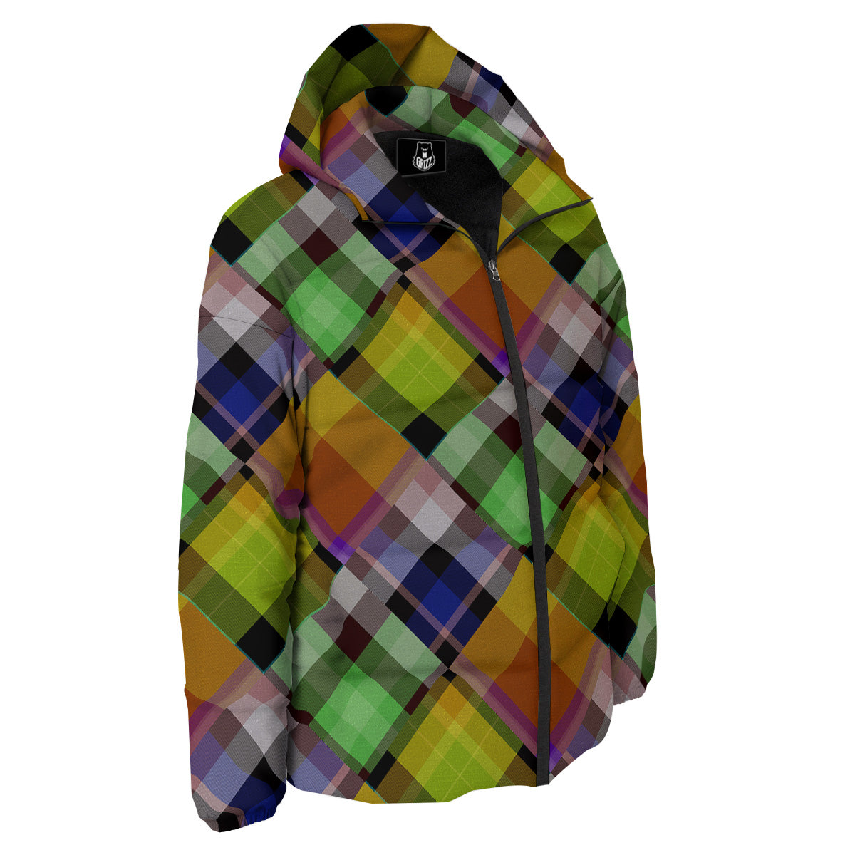 Diagonal Madras Plaid Print Pattern Down Jacket-grizzshop