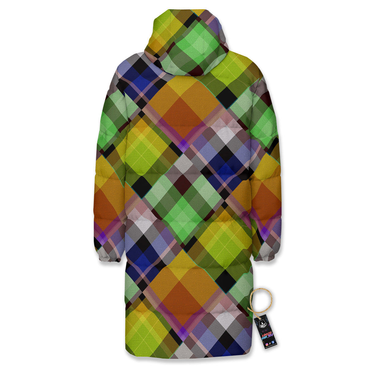 Diagonal Madras Plaid Print Pattern Long Down Jacket-grizzshop