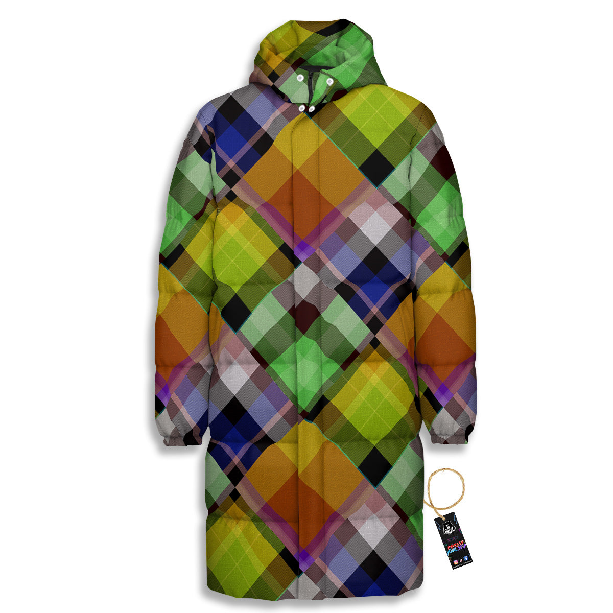 Diagonal Madras Plaid Print Pattern Long Down Jacket-grizzshop