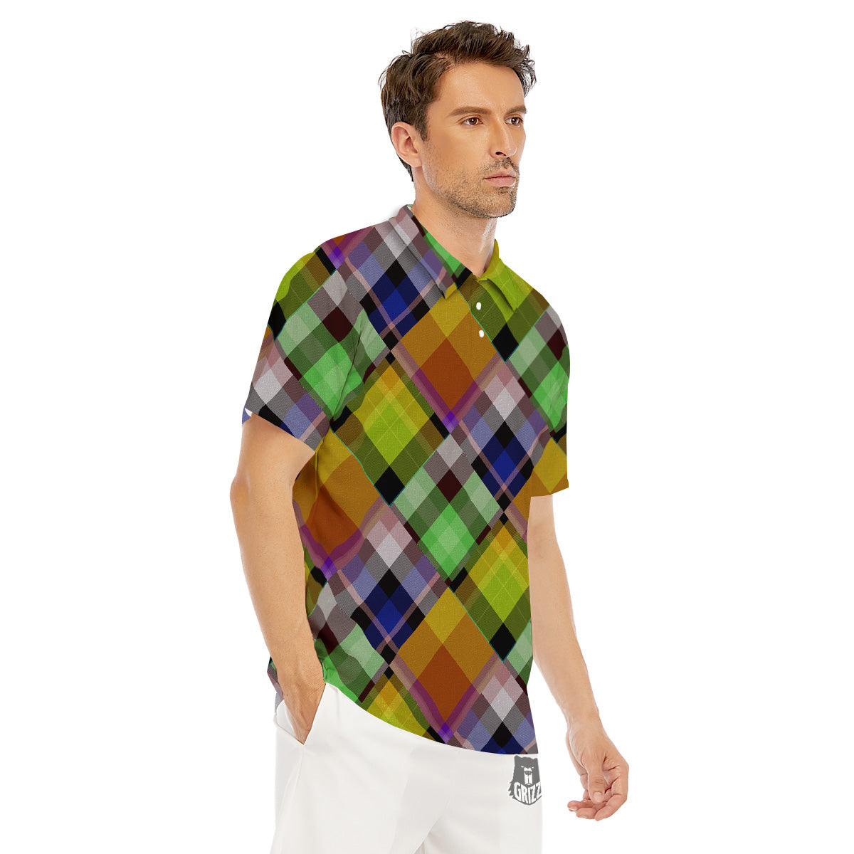 Diagonal Madras Plaid Print Pattern Men's Golf Shirts-grizzshop