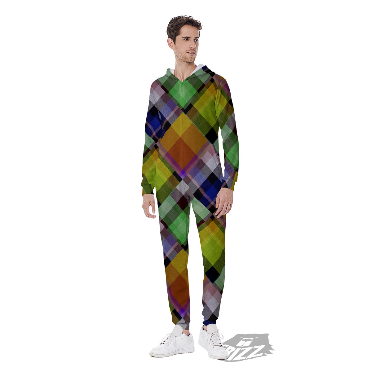 Diagonal Madras Plaid Print Pattern Men's Jumpsuit-grizzshop