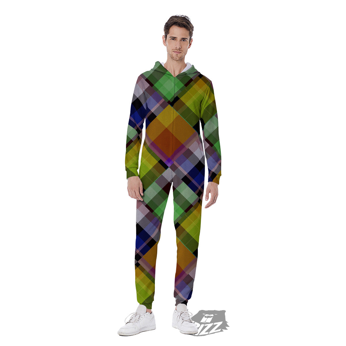 Diagonal Madras Plaid Print Pattern Men's Jumpsuit-grizzshop