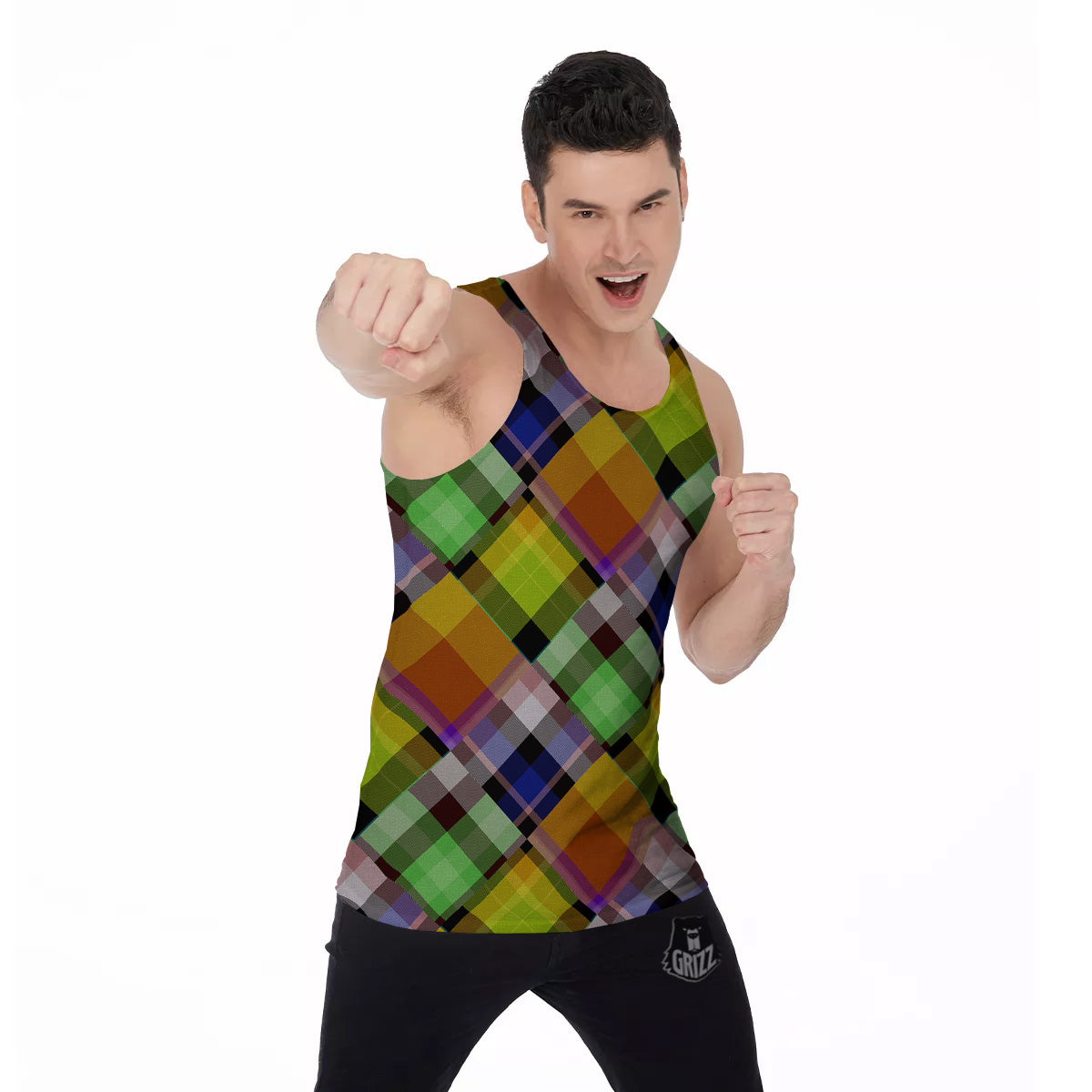 Diagonal Madras Plaid Print Pattern Men's Tank Top-grizzshop