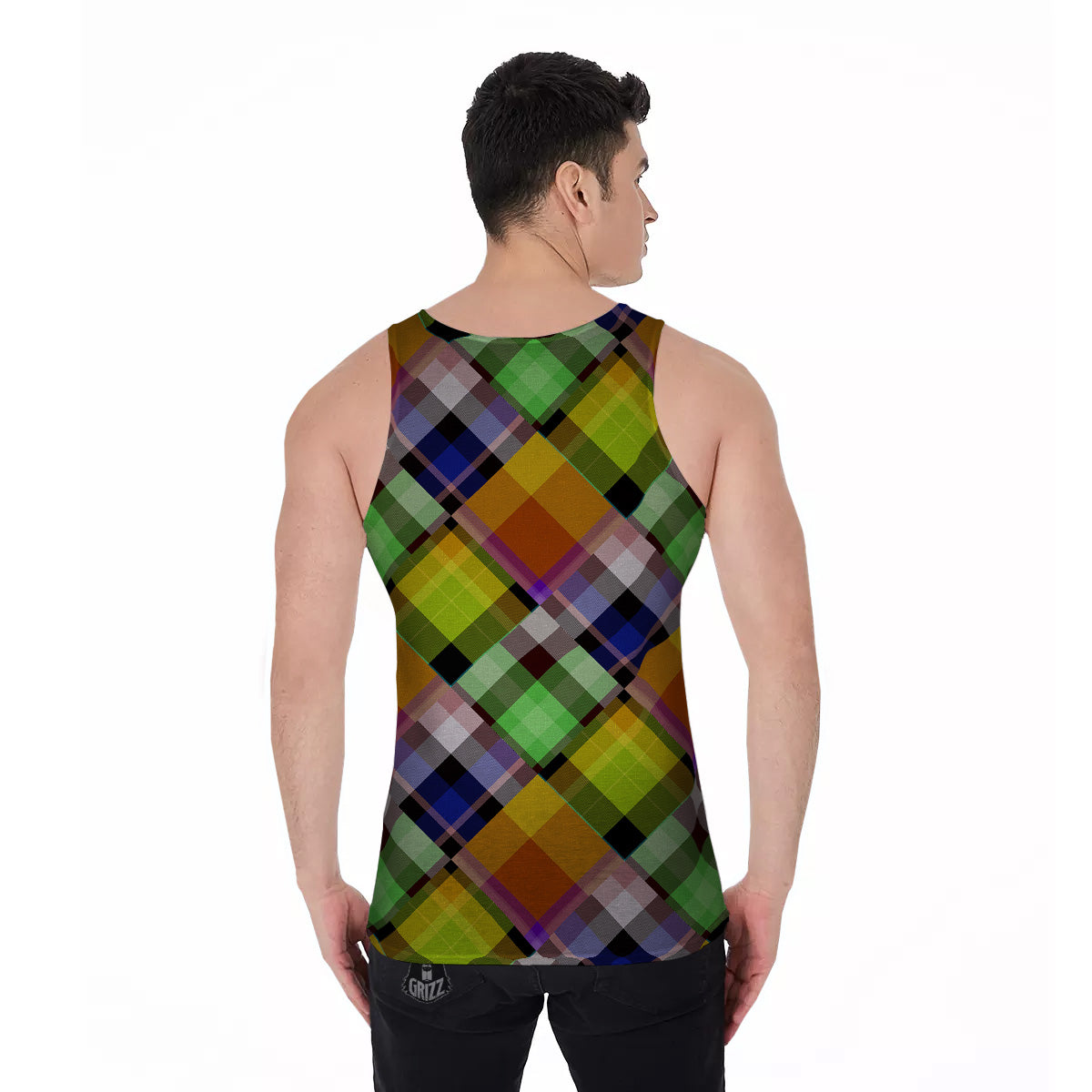 Diagonal Madras Plaid Print Pattern Men's Tank Top-grizzshop
