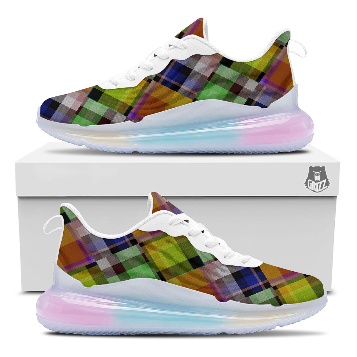 Diagonal Madras Plaid Print Pattern Running Sneakers-grizzshop