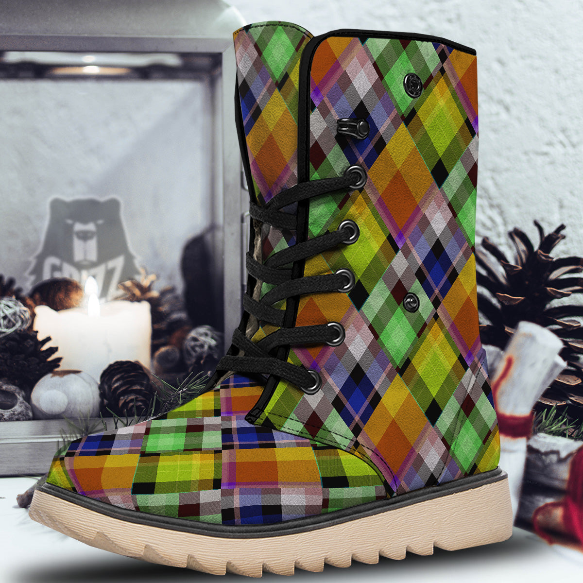 Diagonal Madras Plaid Print Pattern Snow Boots-grizzshop