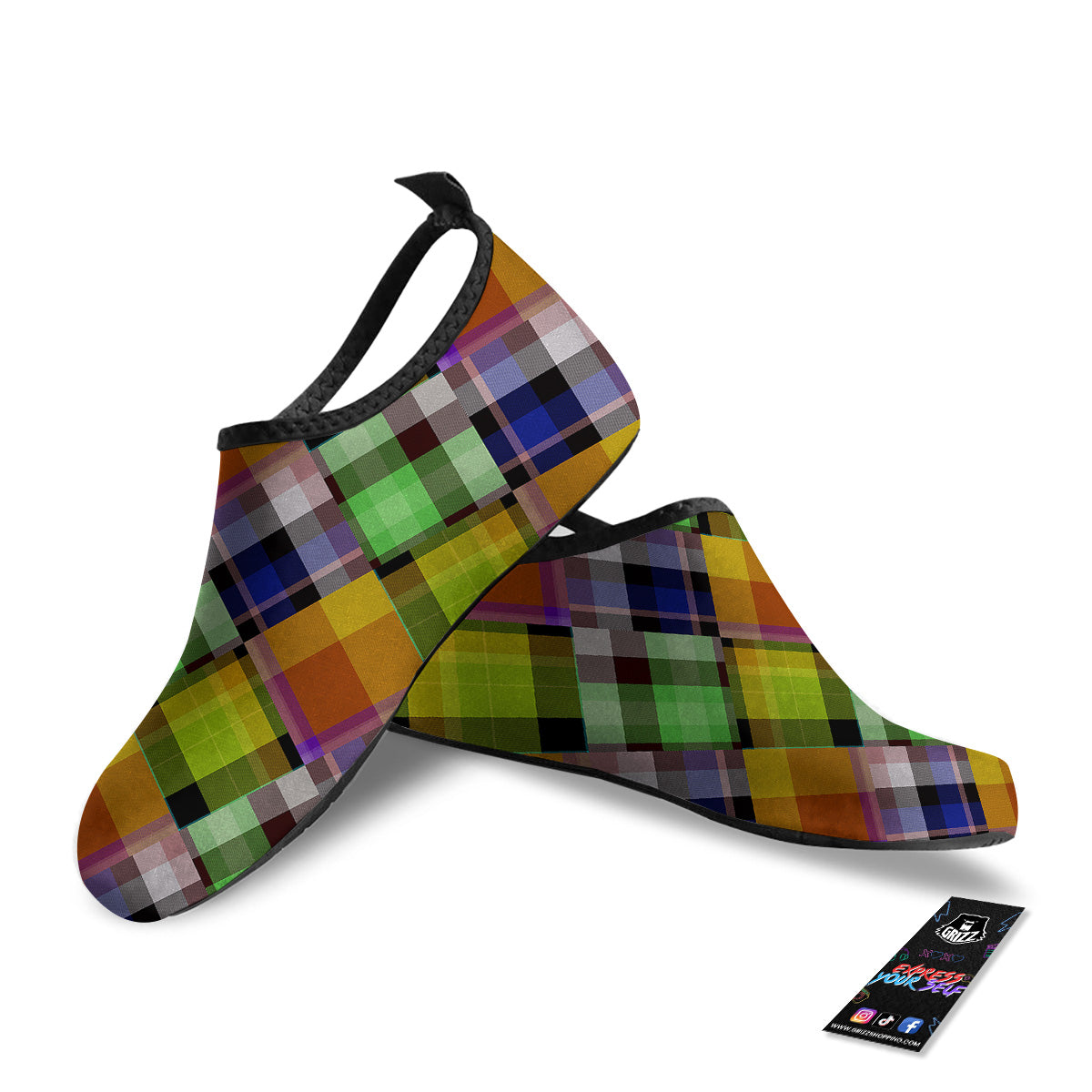 Diagonal Madras Plaid Print Pattern Water Shoes-grizzshop