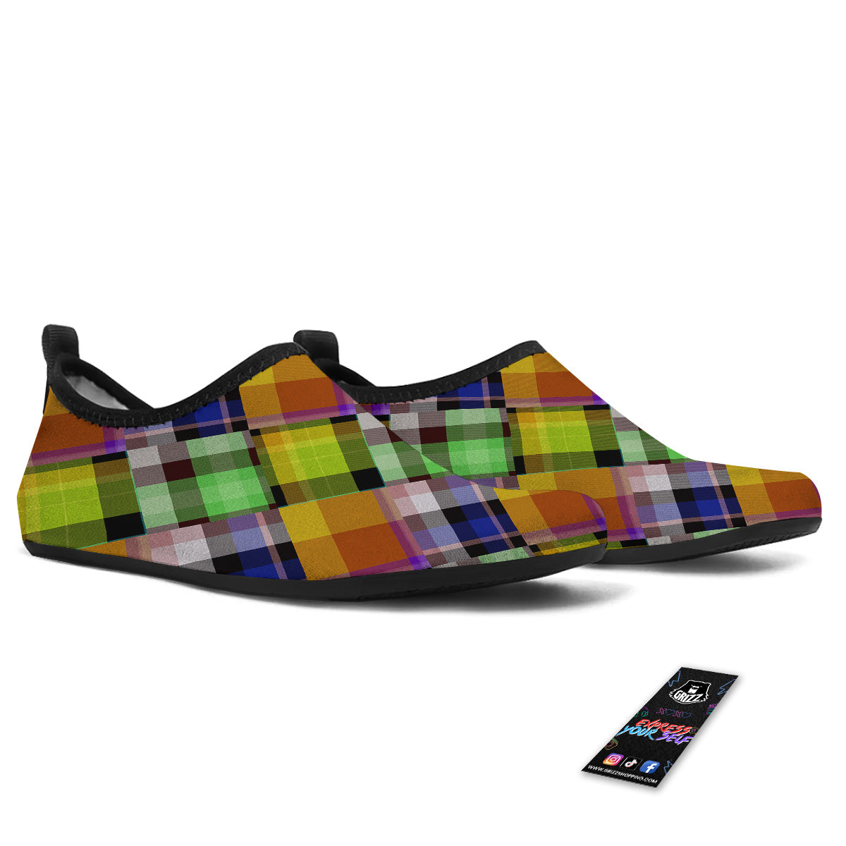 Diagonal Madras Plaid Print Pattern Water Shoes-grizzshop