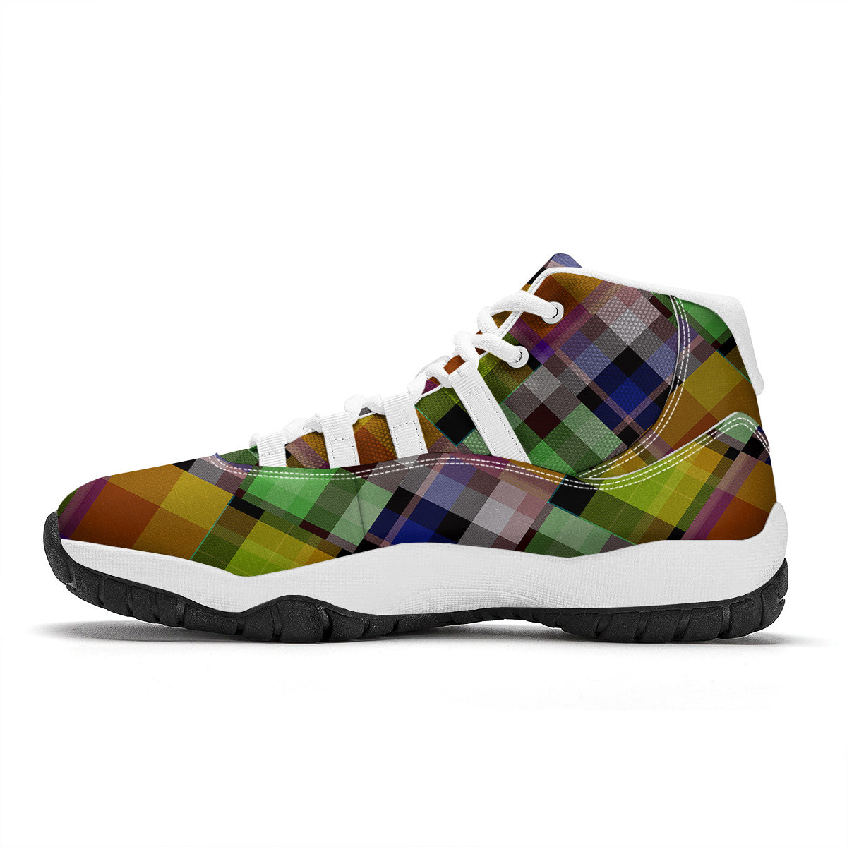 Diagonal Madras Plaid Print Pattern White Bball Shoes-grizzshop