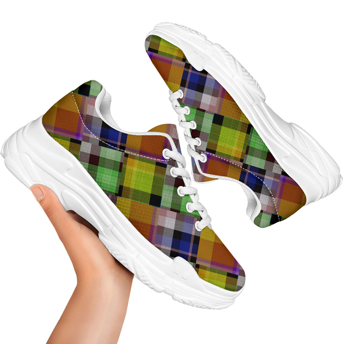 Diagonal Madras Plaid Print Pattern White Chunky Shoes-grizzshop
