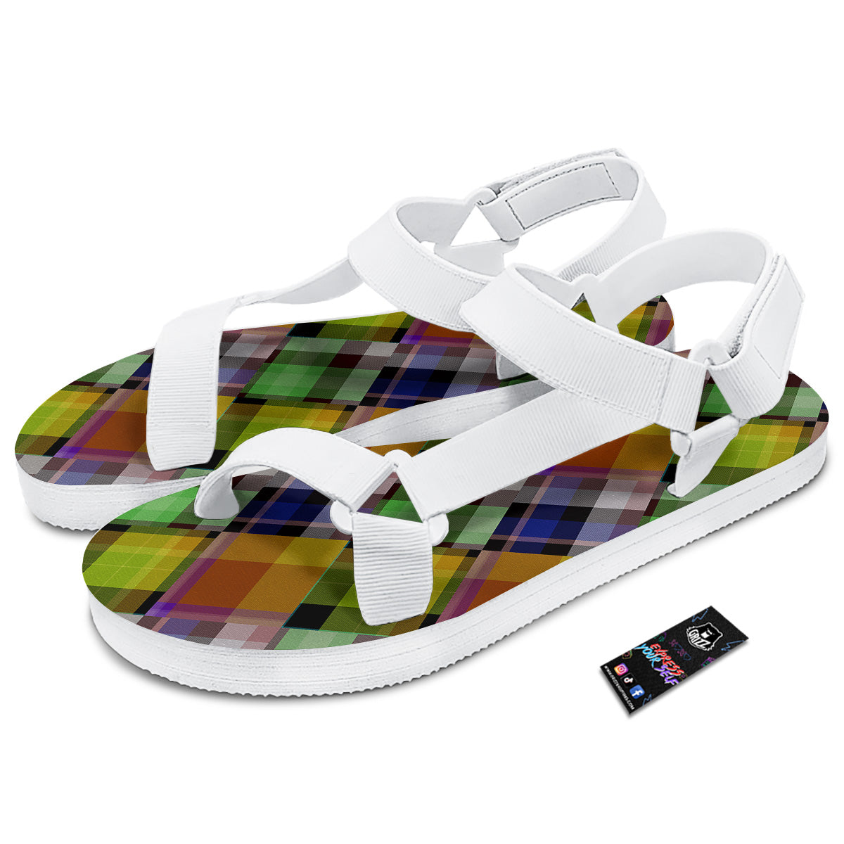 Diagonal Madras Plaid Print Pattern White Open Toe Sandals-grizzshop