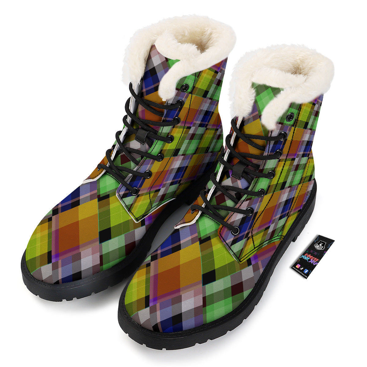 Diagonal Madras Plaid Print Pattern Winter Boots-grizzshop