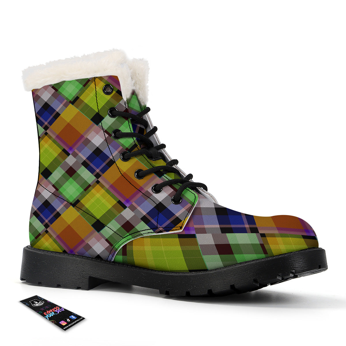 Diagonal Madras Plaid Print Pattern Winter Boots-grizzshop