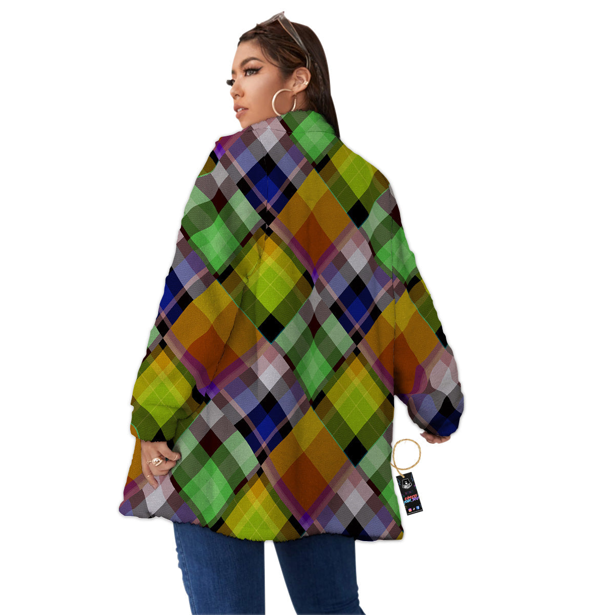 Diagonal Madras Plaid Print Pattern Women's Sherpa Jacket-grizzshop