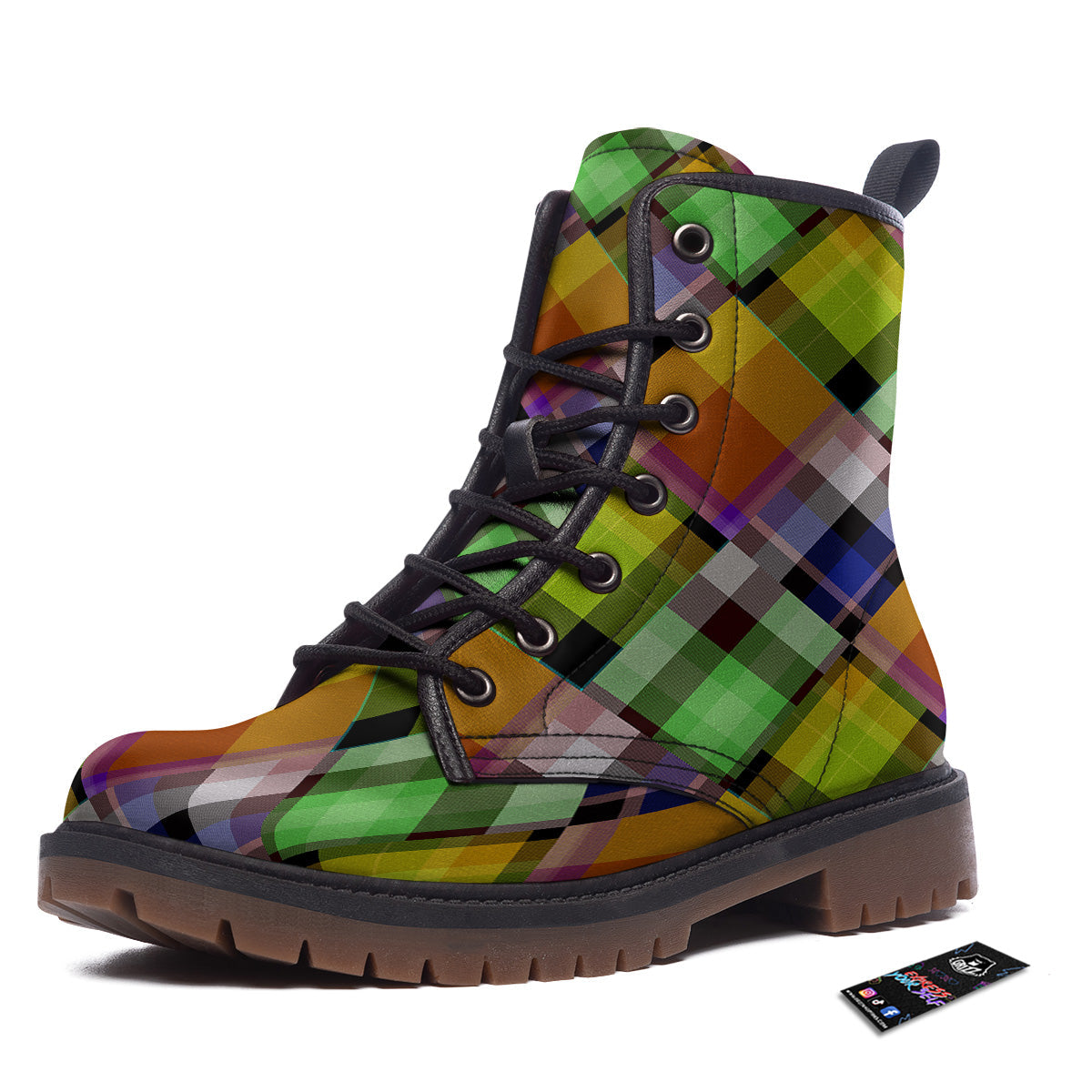 Diagonal Madras Plaid Print Pattern Work Boots-grizzshop