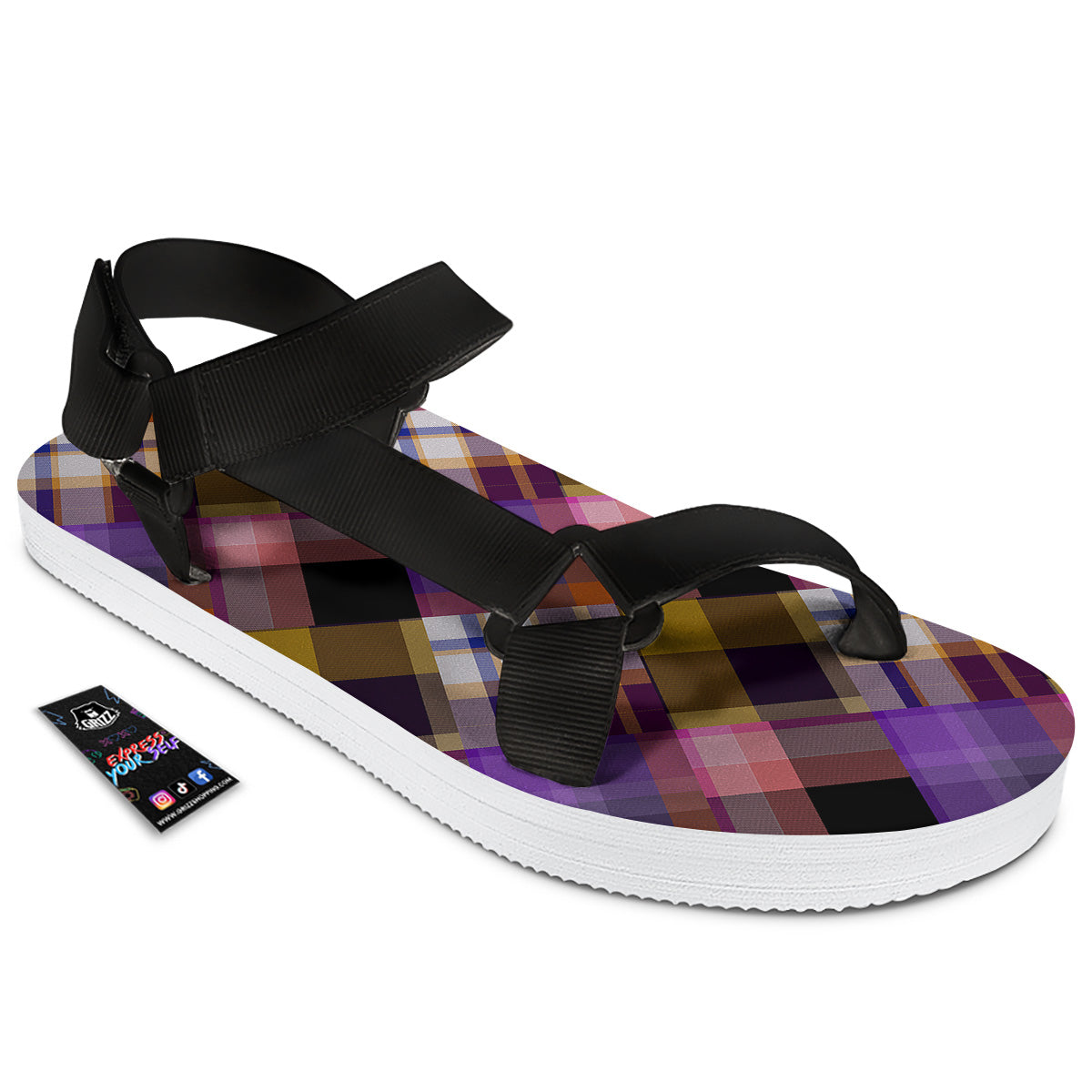 Diagonal Madras Tartan Plaid Print Pattern Black Open Toe Sandals-grizzshop