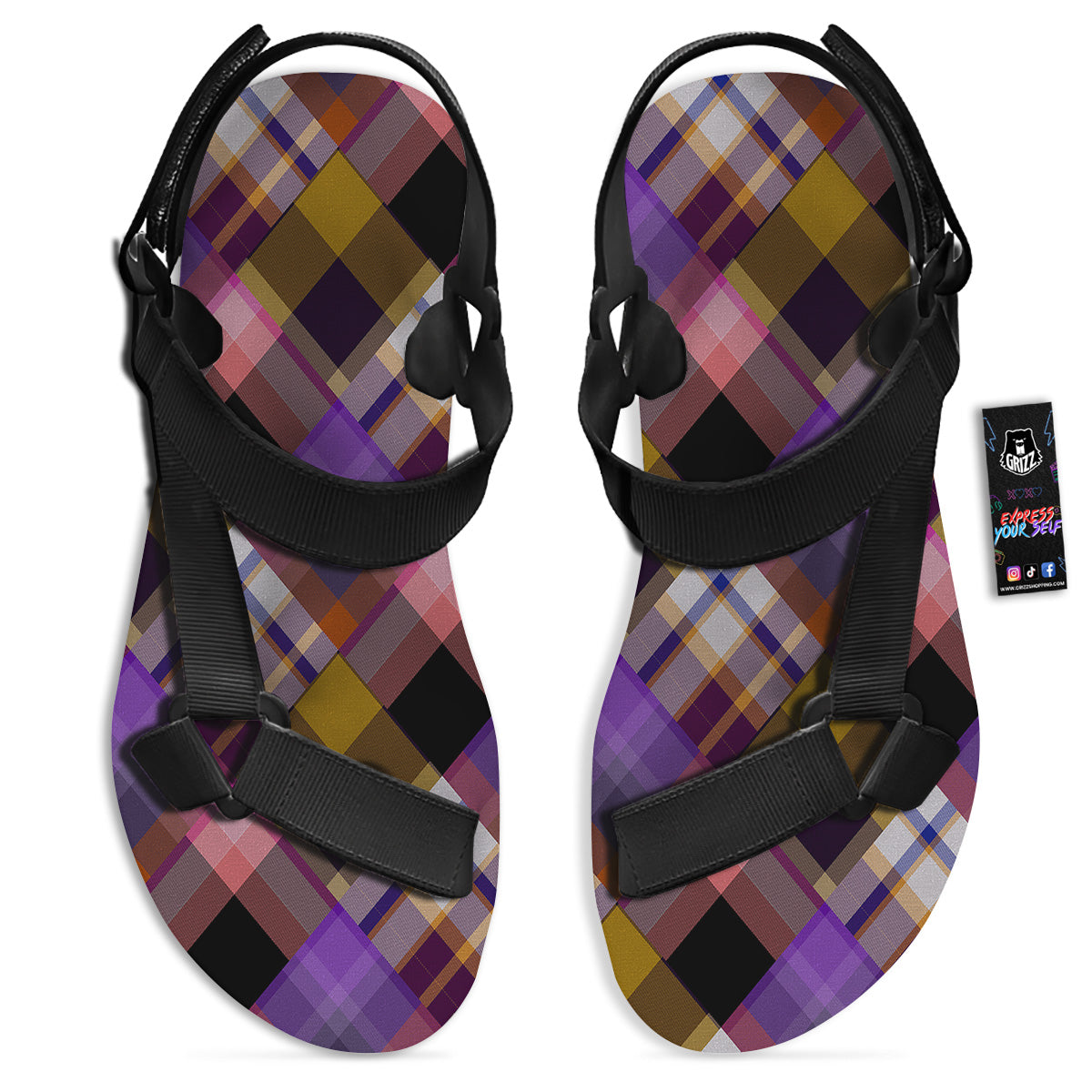 Diagonal Madras Tartan Plaid Print Pattern Black Open Toe Sandals-grizzshop