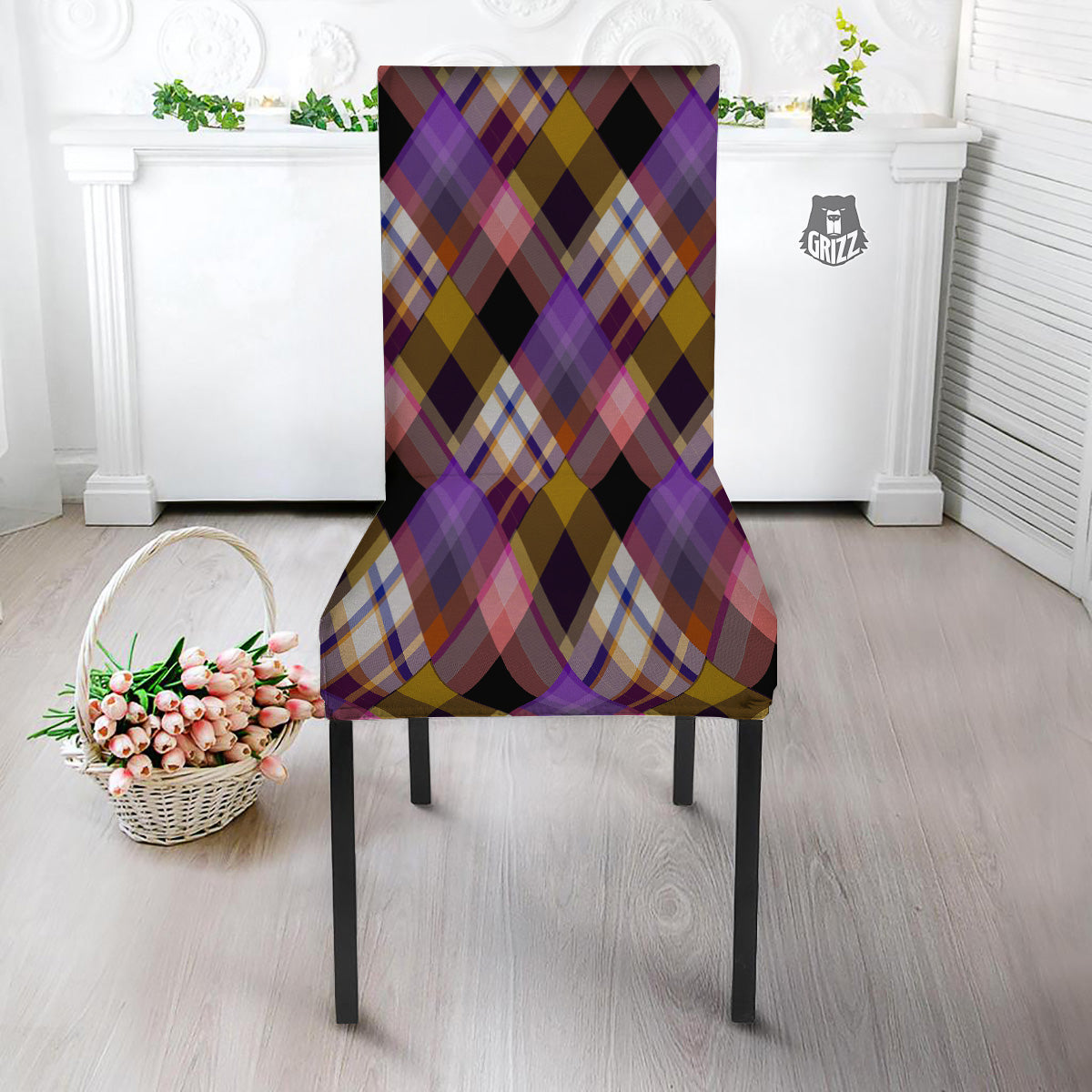Diagonal Madras Tartan Plaid Print Pattern Dining Chair Slipcover-grizzshop