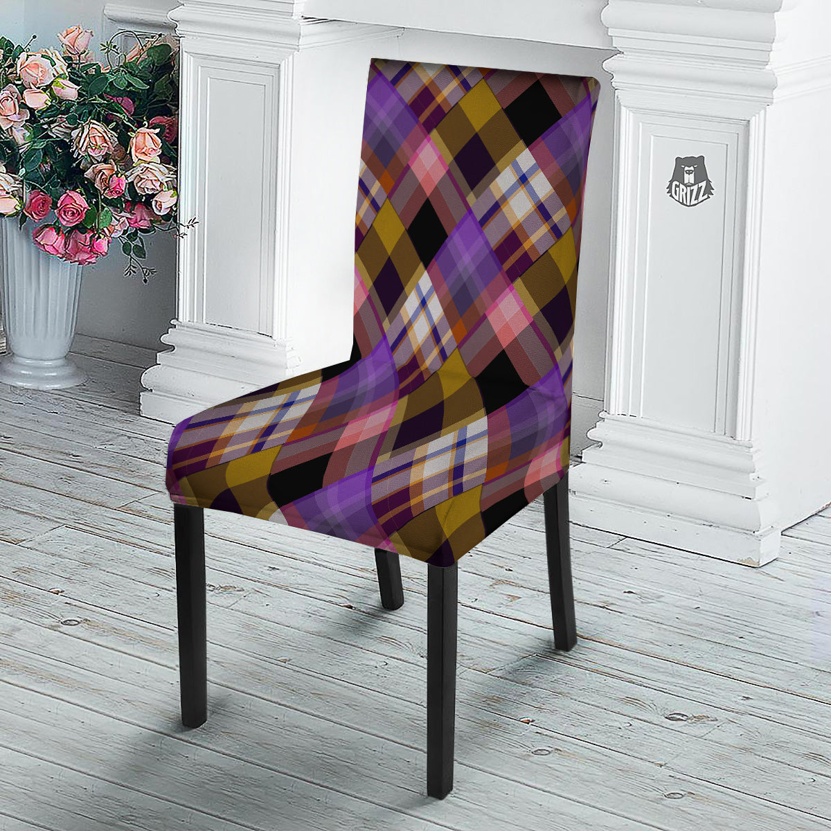 Diagonal Madras Tartan Plaid Print Pattern Dining Chair Slipcover-grizzshop