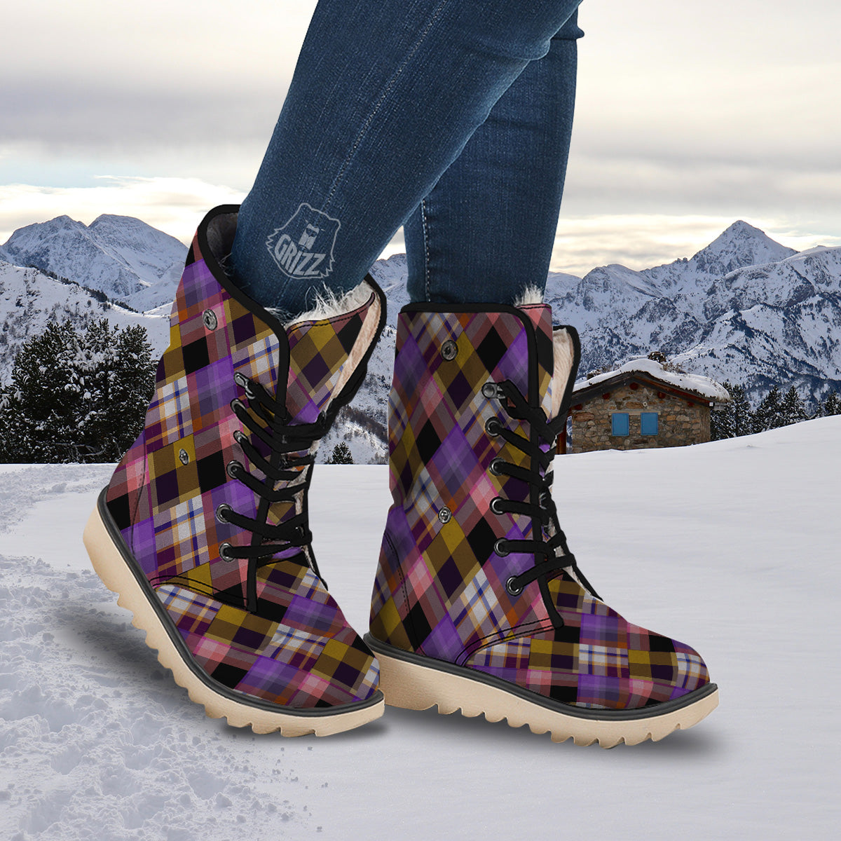 Diagonal Madras Tartan Plaid Print Pattern Snow Boots-grizzshop