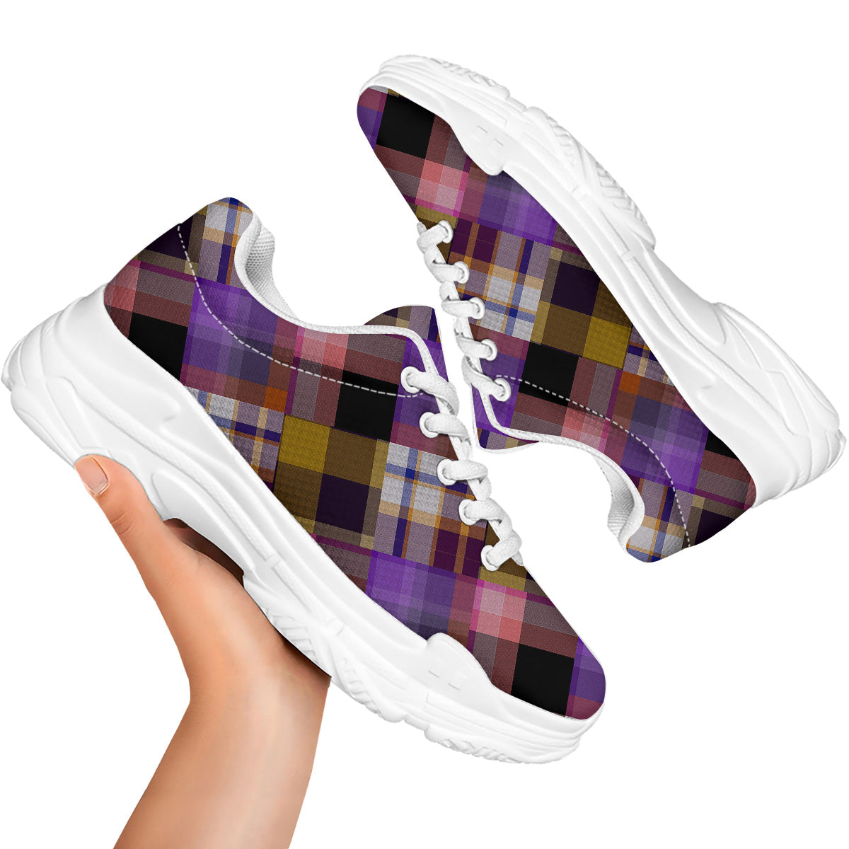 Diagonal Madras Tartan Plaid Print Pattern White Chunky Shoes-grizzshop
