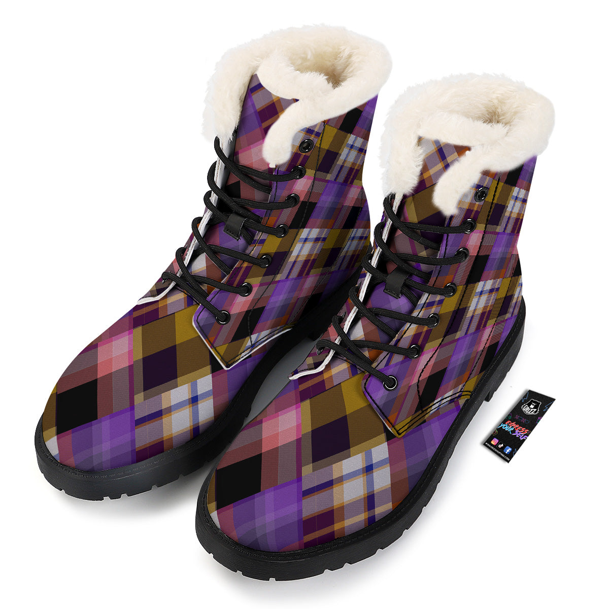Diagonal Madras Tartan Plaid Print Pattern Winter Boots-grizzshop