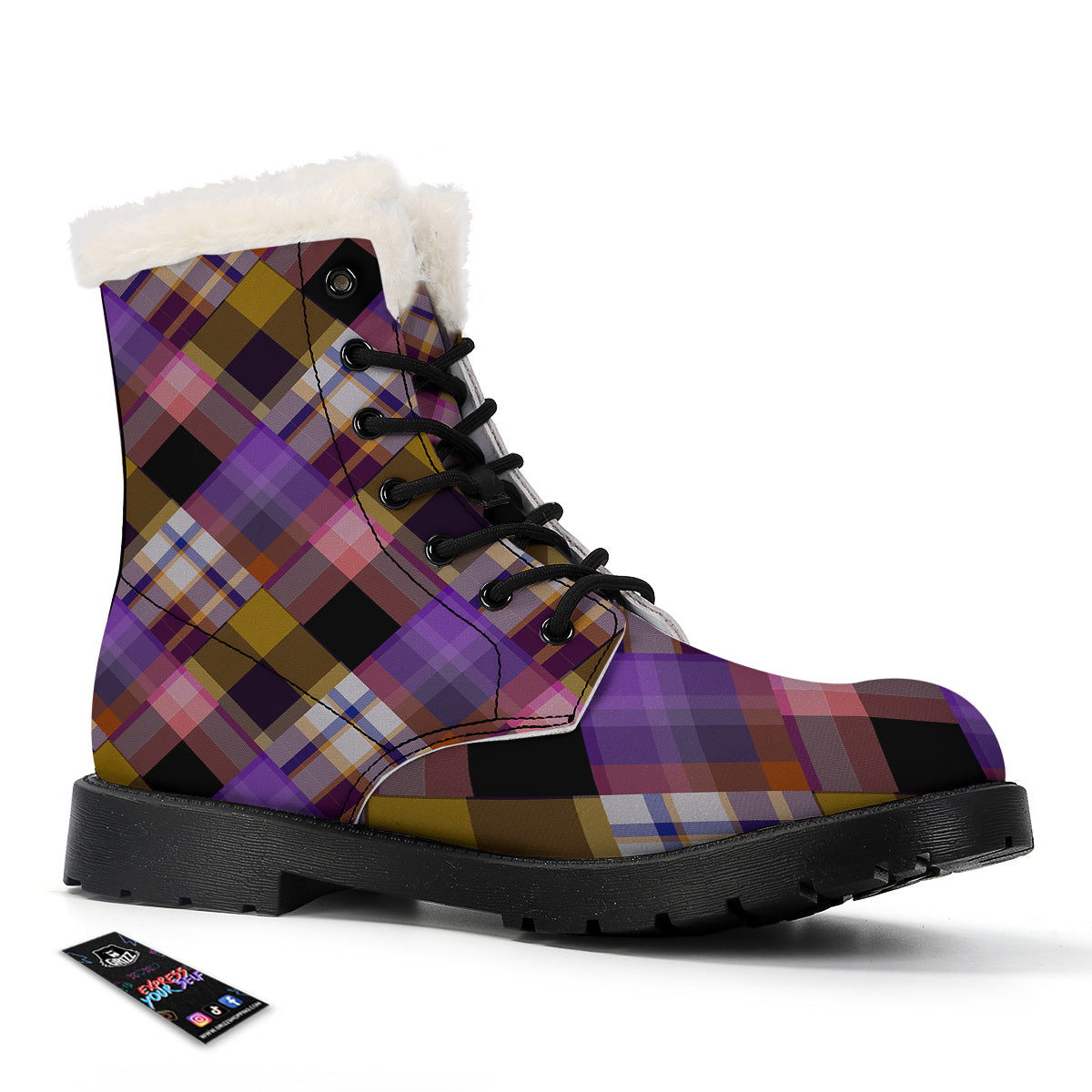Diagonal Madras Tartan Plaid Print Pattern Winter Boots-grizzshop