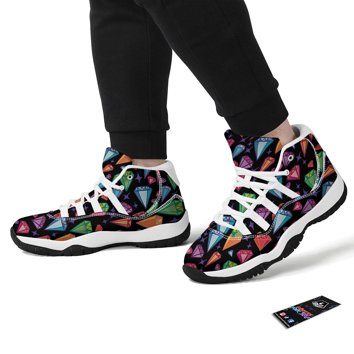 Diamond Colorful Print Pattern White Bball Shoes-grizzshop