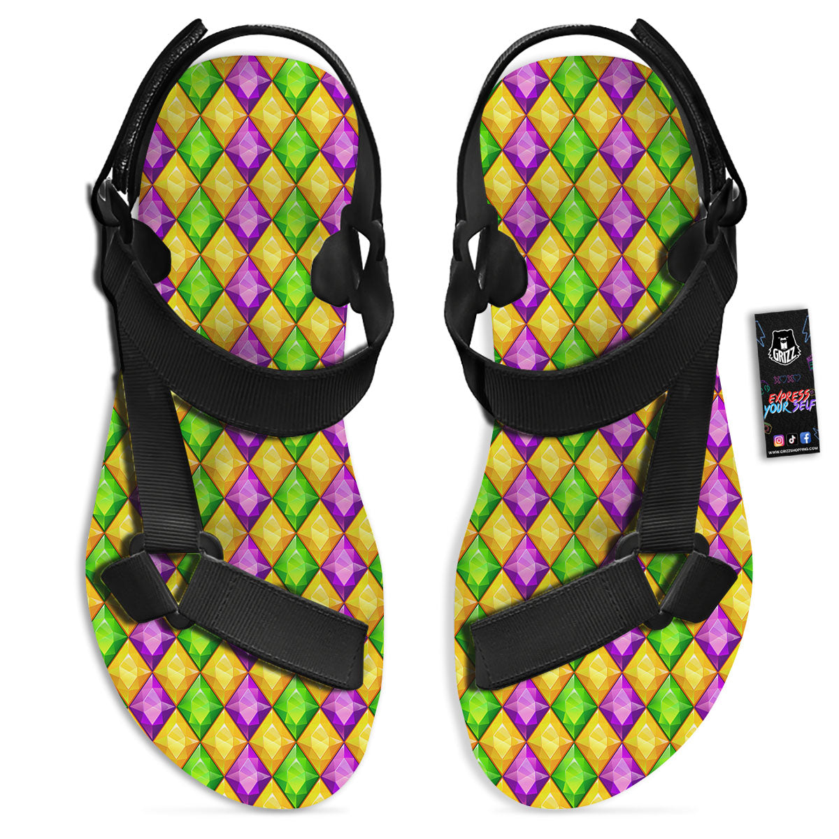 Diamond Mardi Gras Print Pattern Black Open Toe Sandals-grizzshop