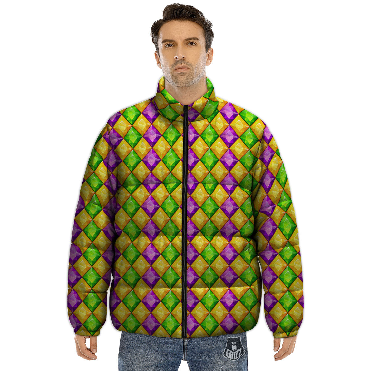 Diamond Mardi Gras Print Pattern Puffer Jacket-grizzshop