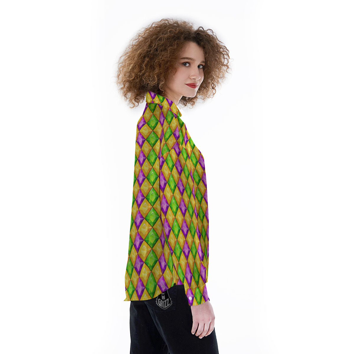 Diamond Mardi Gras Print Pattern Women's Long Sleeve Shirts-grizzshop